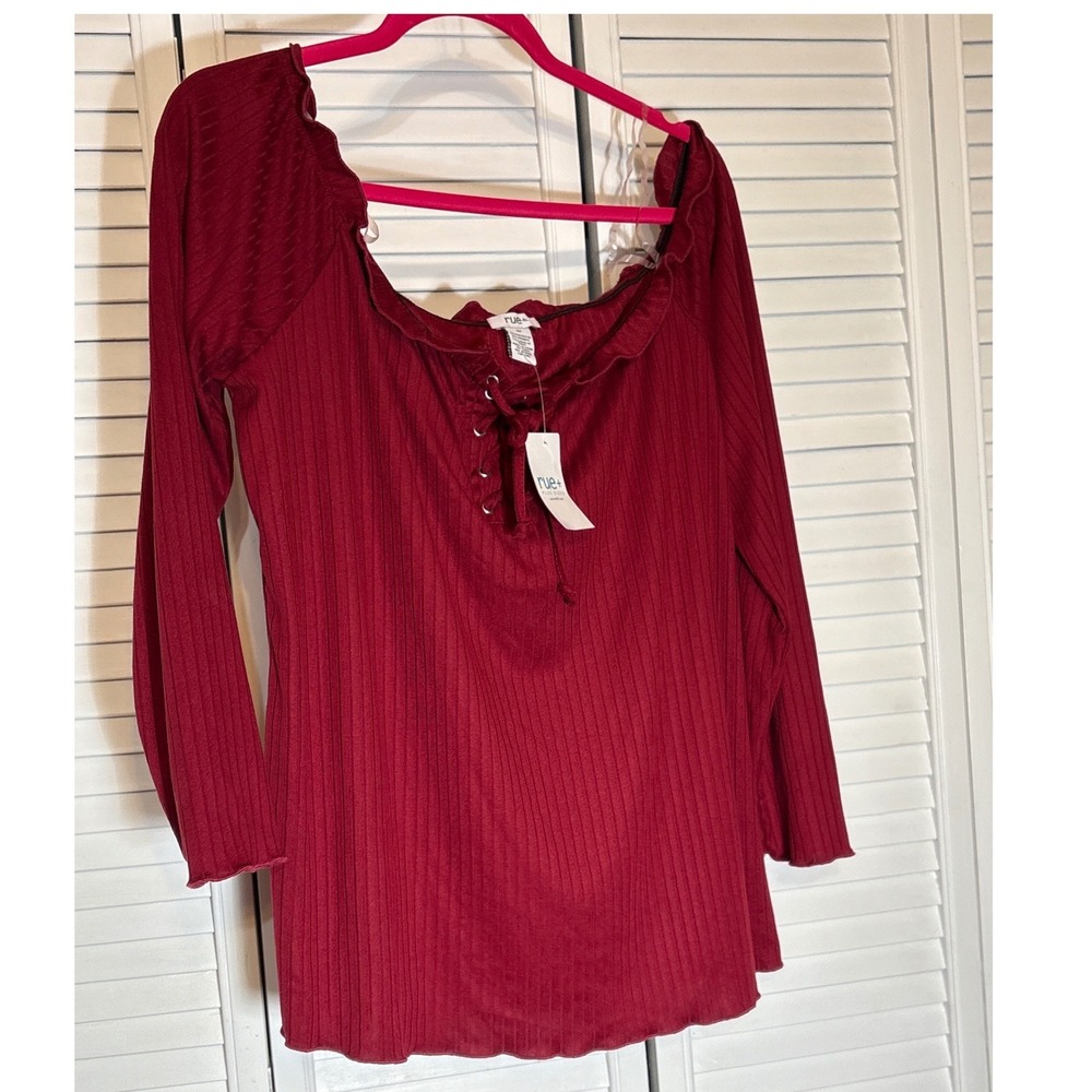 Rue21 Rue+ Womens 3X Burgundy Ribbed Off Shoulder Lace Up Top NWT 65335XR21N